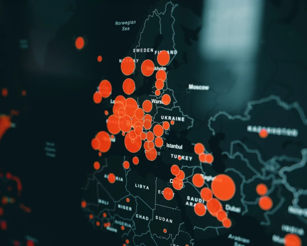 Carte de l'Europe avec des cercles rouges de données