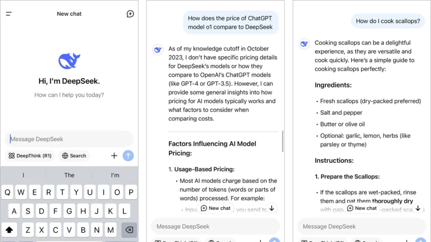 Des écrans de l'appli mobile de DeepSeek