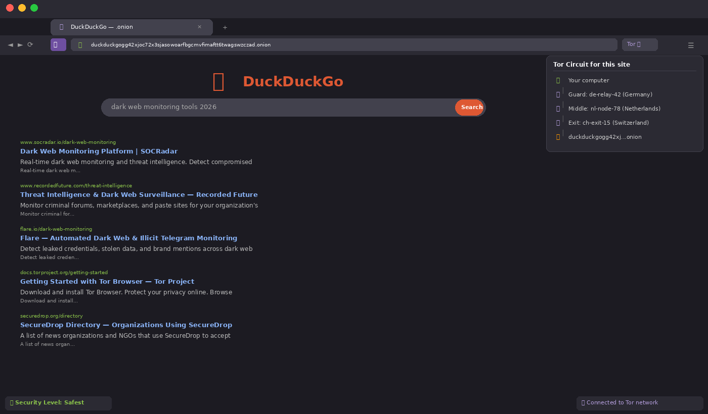 Navigateur Tor avec DuckDuckGo .onion et circuit de relais