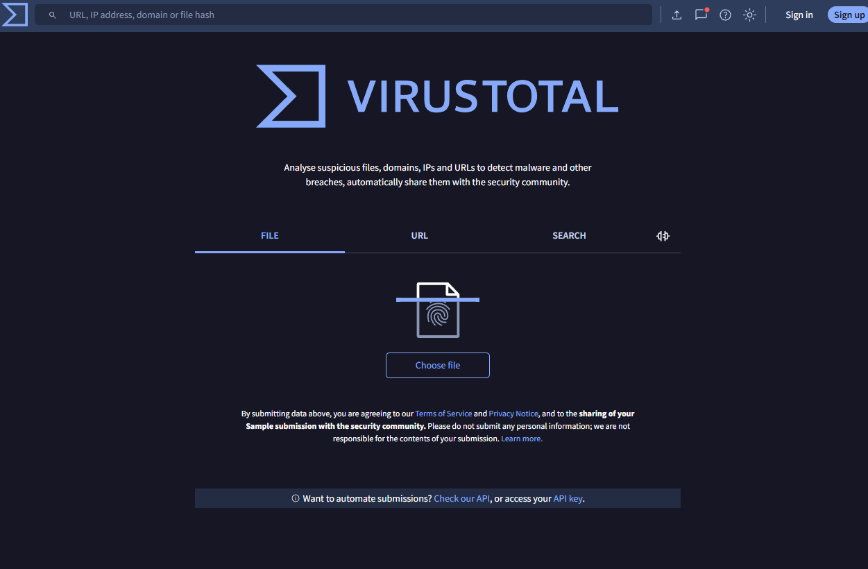Interface de VirusTotal, analyse d'un fichier suspect via plus de 70 moteurs antivirus
