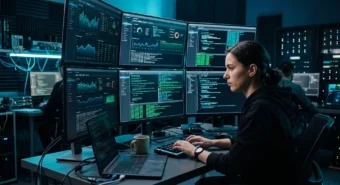 Jeune hacker éthique concentré devant plusieurs écrans de sécurité dans un lab cybersécurité